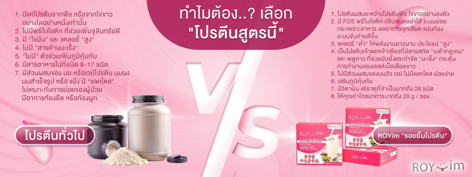 ทำไมต้องเลือก ROY-im รอยยิ้มโปรตีน — เปรียบเทียบกับโปรตีนทั่วไป